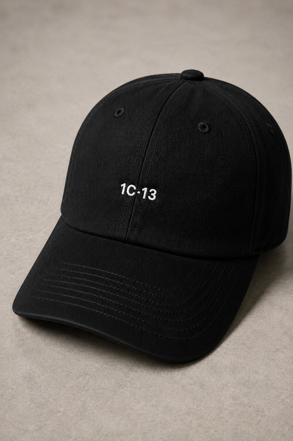 1C·13 Dad Cap in Black, product detail with embroidered logo