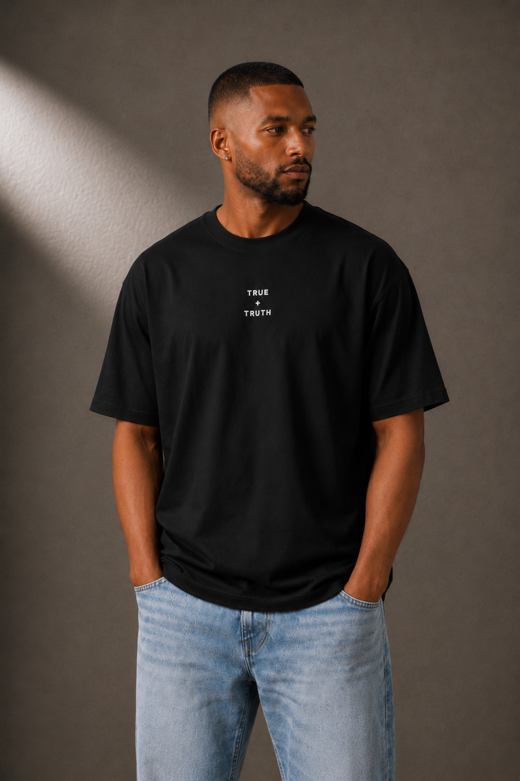 TRUTH High-Neck Tee in Black, front view on male model