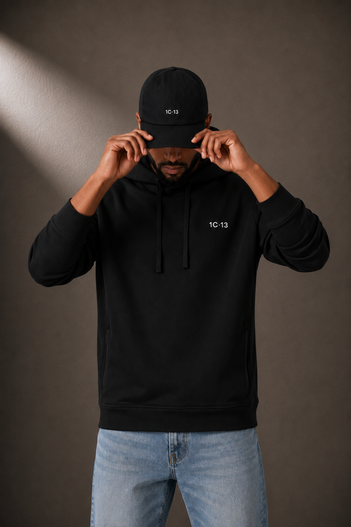 1C·13 Dad Cap in Black, head-down view on male model