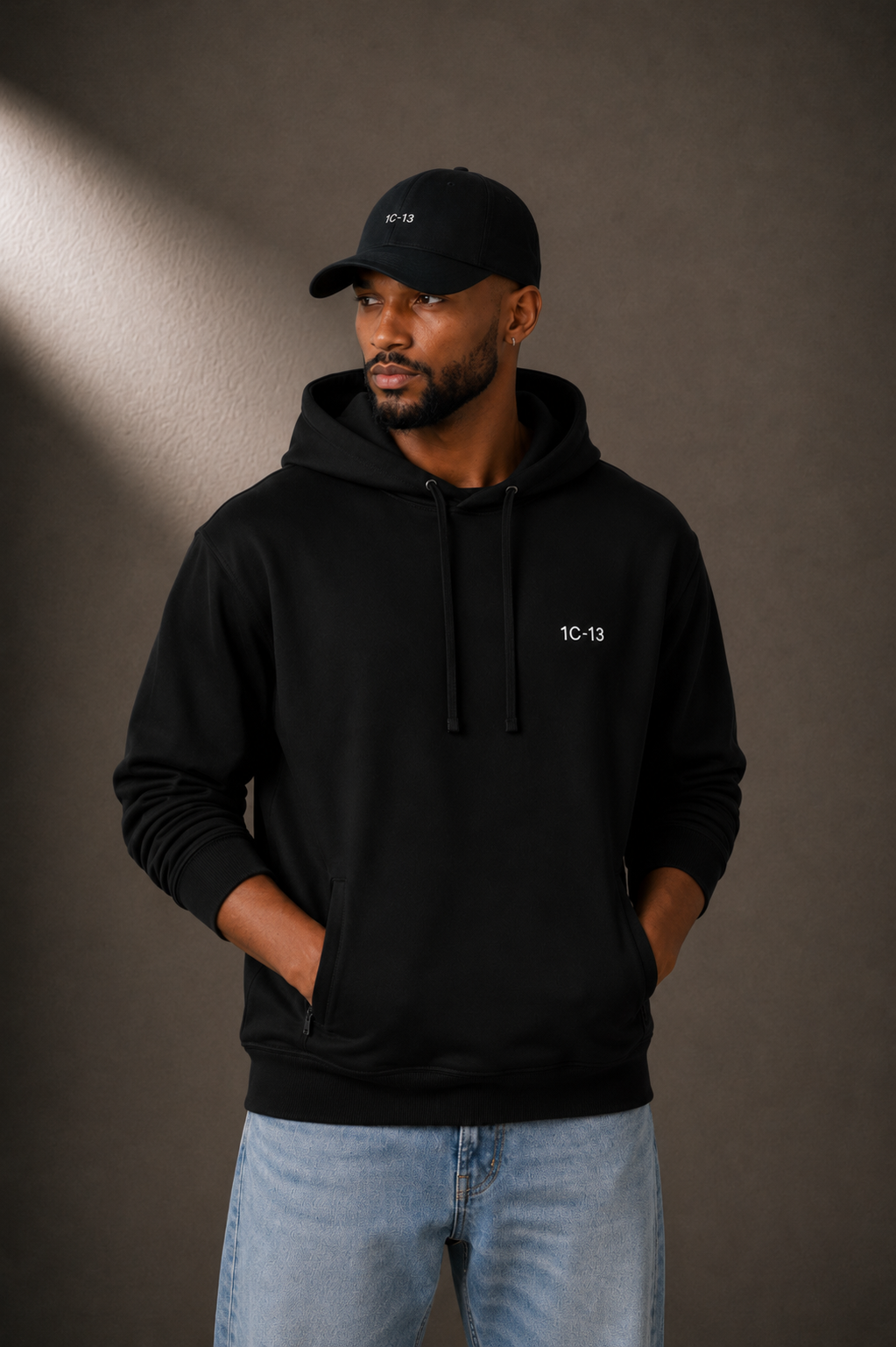 1C·13 Dad Cap in Black, side view on male model