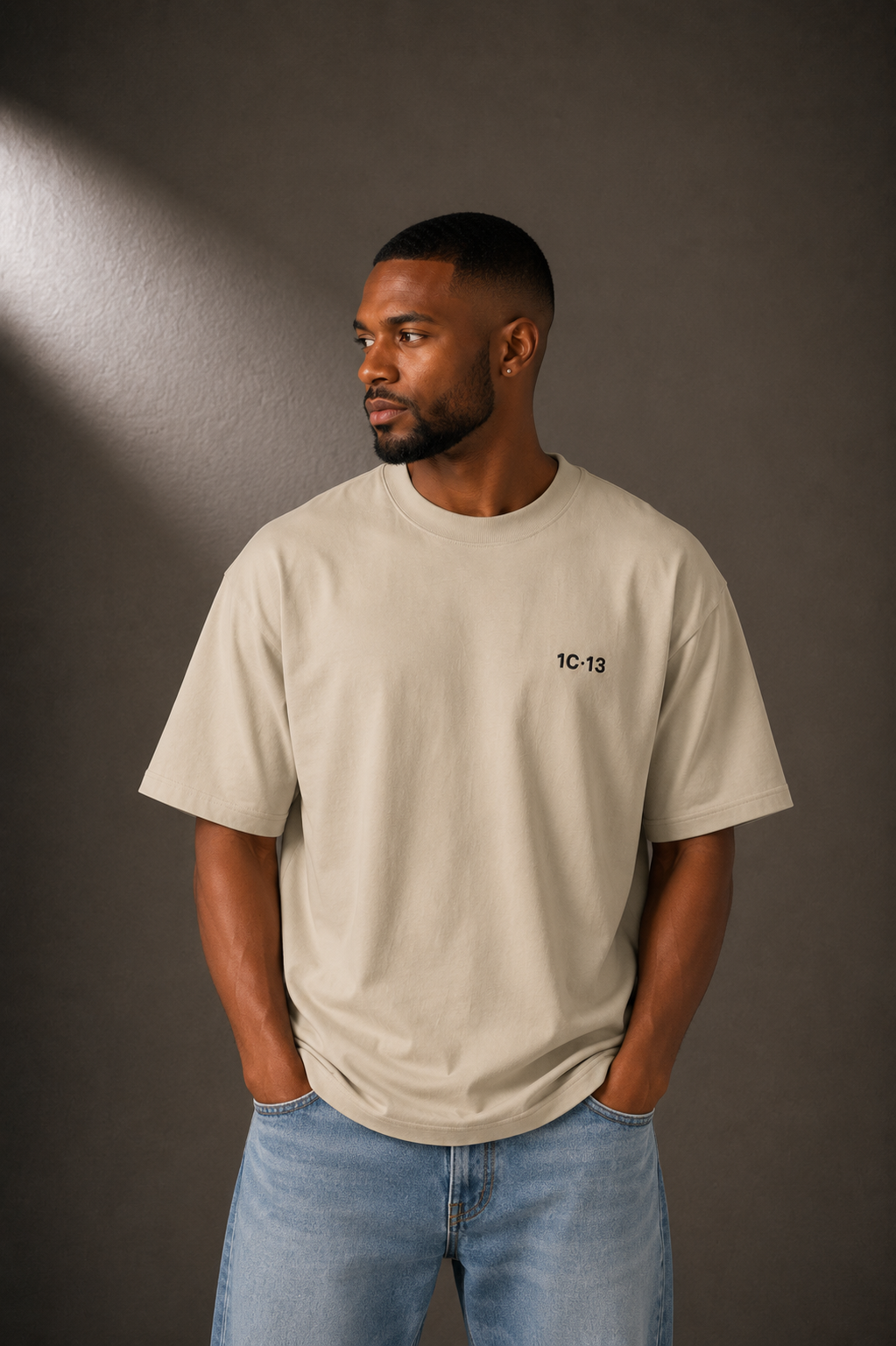 1C·13 High-Neck Tee in Beige, front view on male model