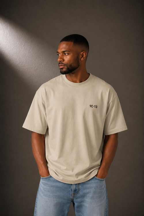 1C·13 High-Neck Tee in Beige, front view on male model