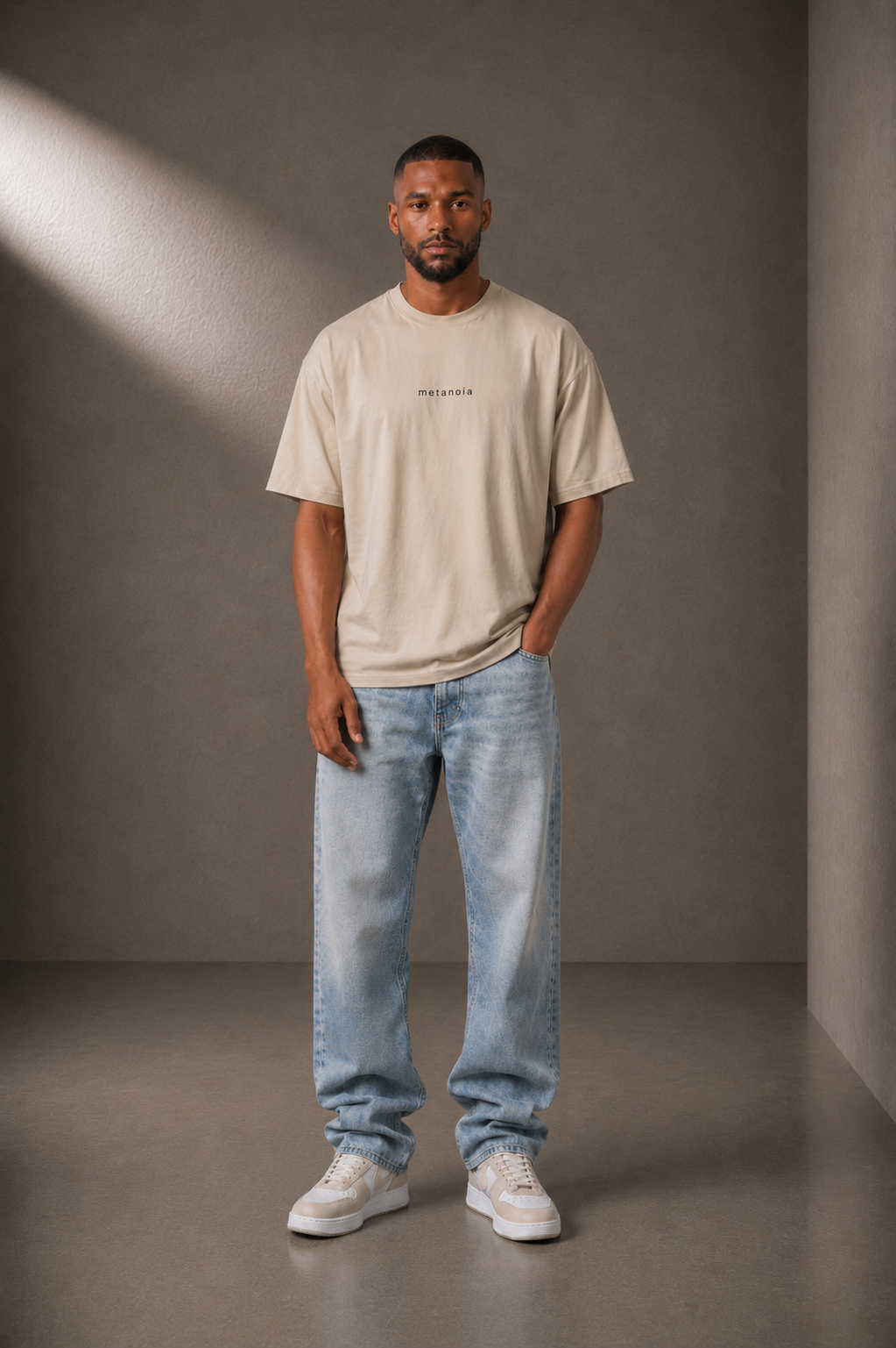 METANOIA High-Neck Tee in Beige, front view on male model