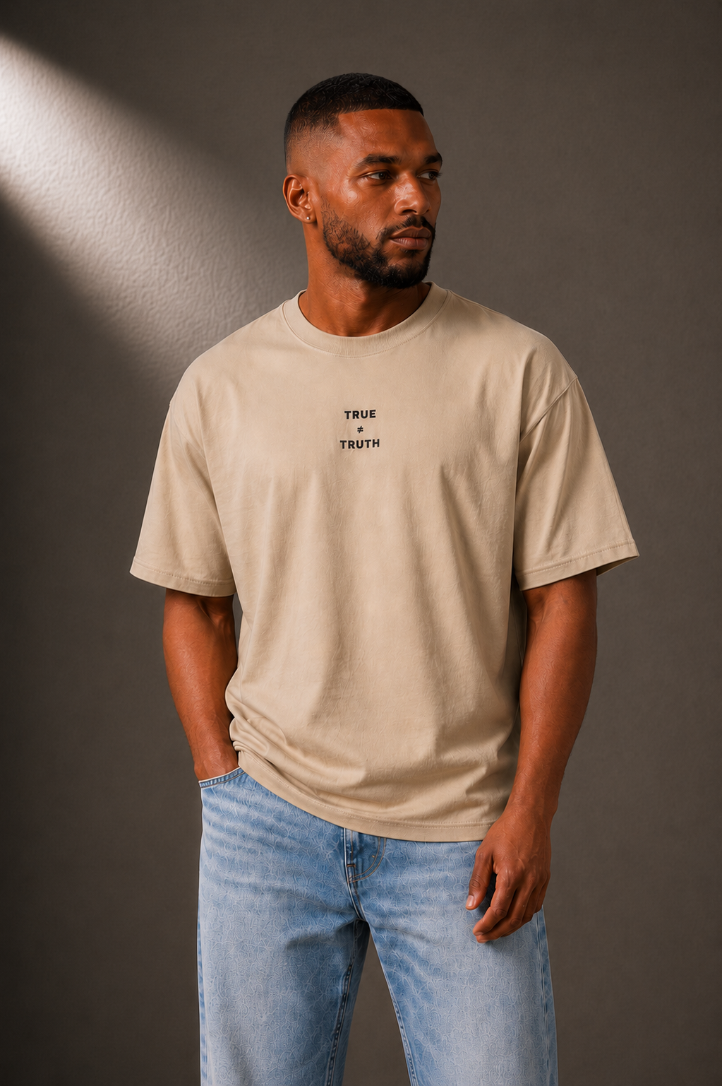 TRUTH High-Neck Tee in Beige, front view on male model