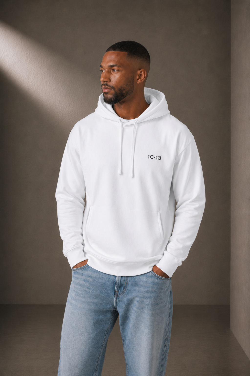 1C·13 Side-Pocket Hoodie in White, front view on male model