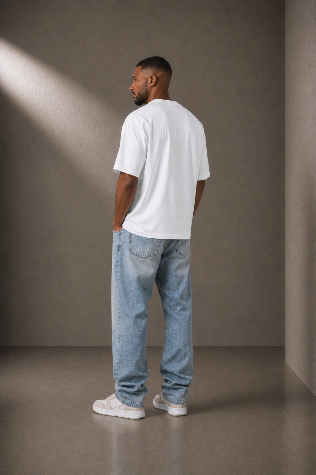METANOIA High-Neck Tee in White, back view on male model