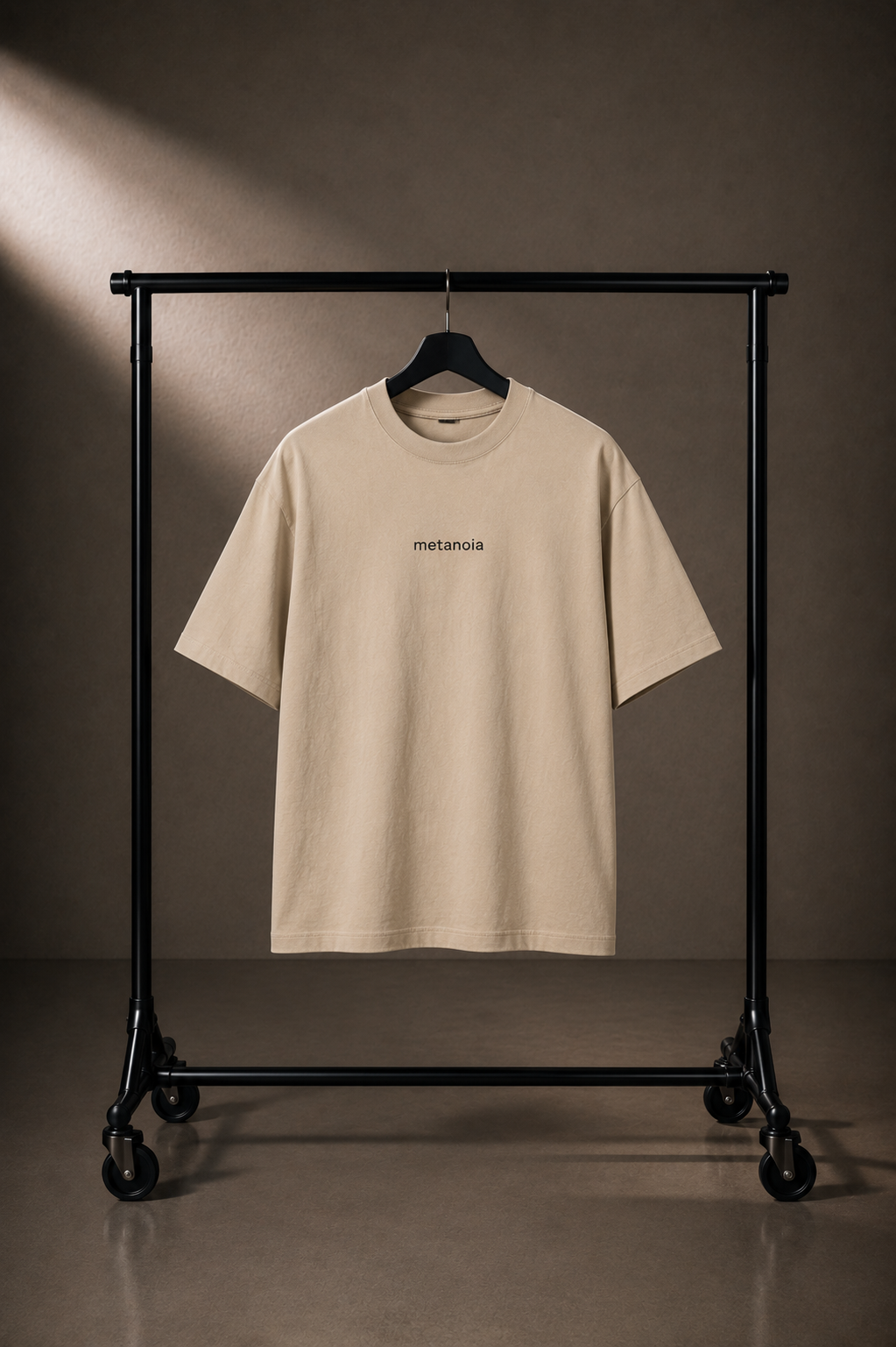 METANOIA High-Neck Tee in Beige on hanger