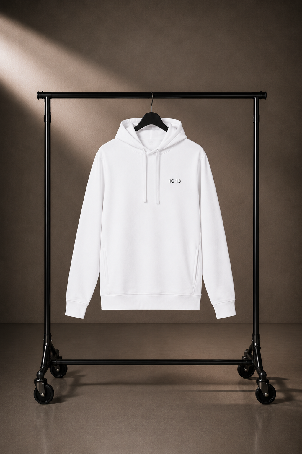 1C·13 Side-Pocket Hoodie in White on hanger