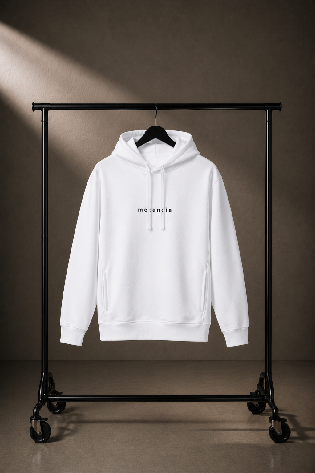 METANOIA Side-Pocket Hoodie in White on hanger