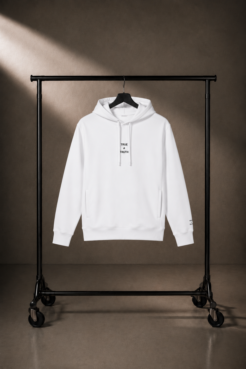 TRUTH Side-Pocket Hoodie in White on hanger