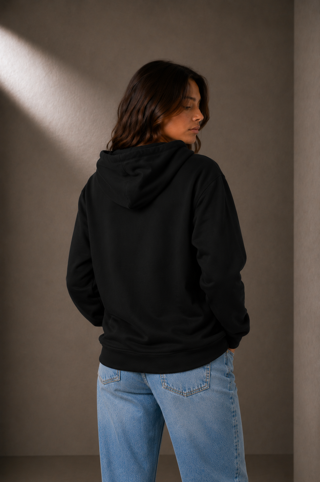 1C·13 Side-Pocket Hoodie in Black, back view on female model