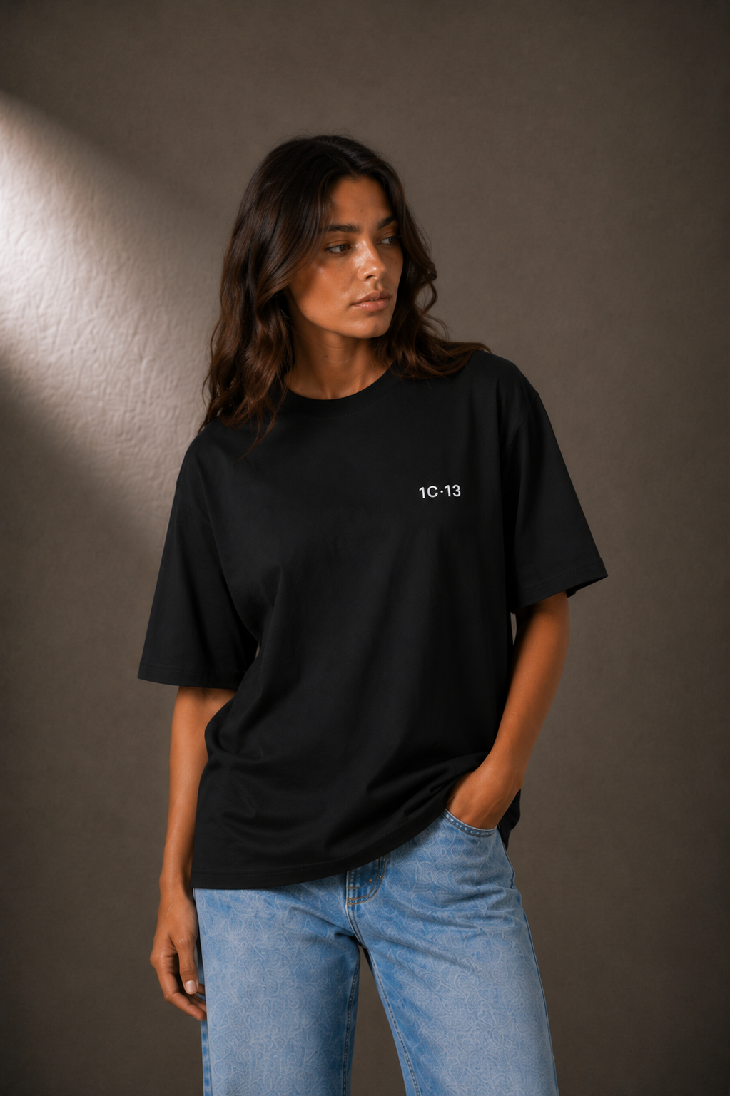 1C·13 High-Neck Tee in Black, front view on model