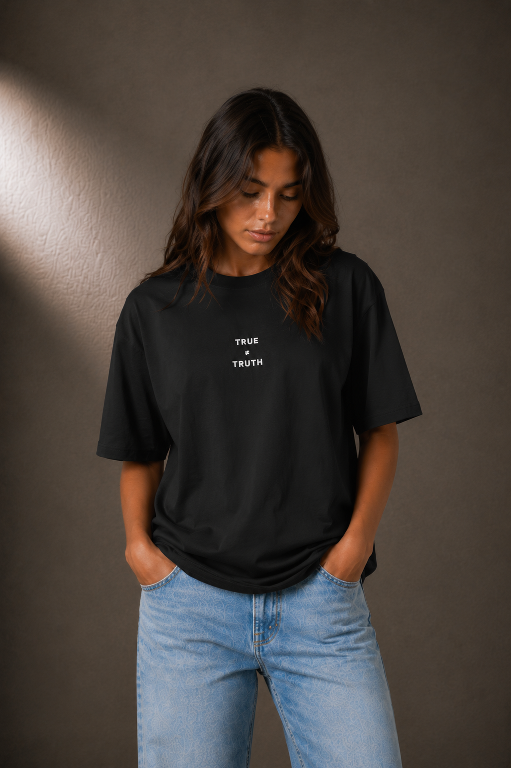 TRUTH High-Neck Tee in Black, female model upper body