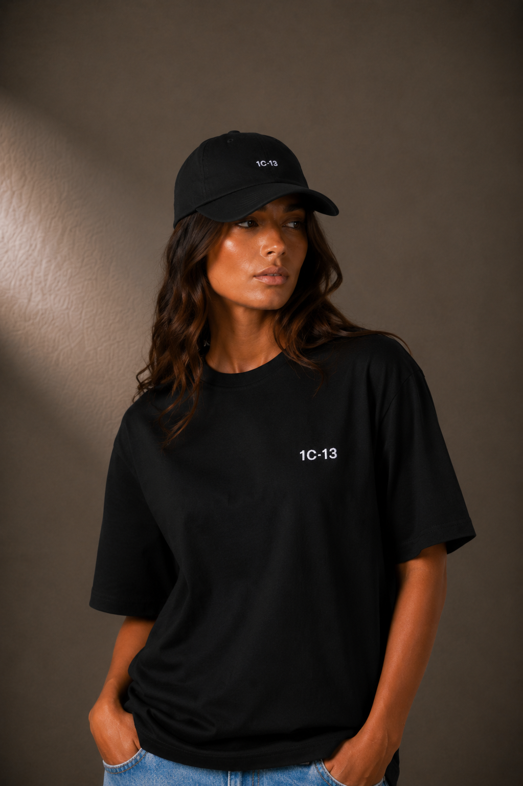 1C·13 Dad Cap in Black, side view on female model