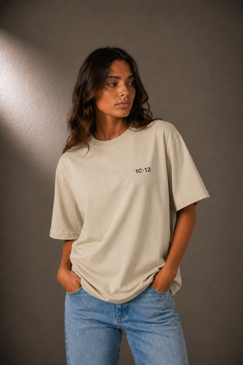 1C·13 High-Neck Tee in Beige, front view on female model