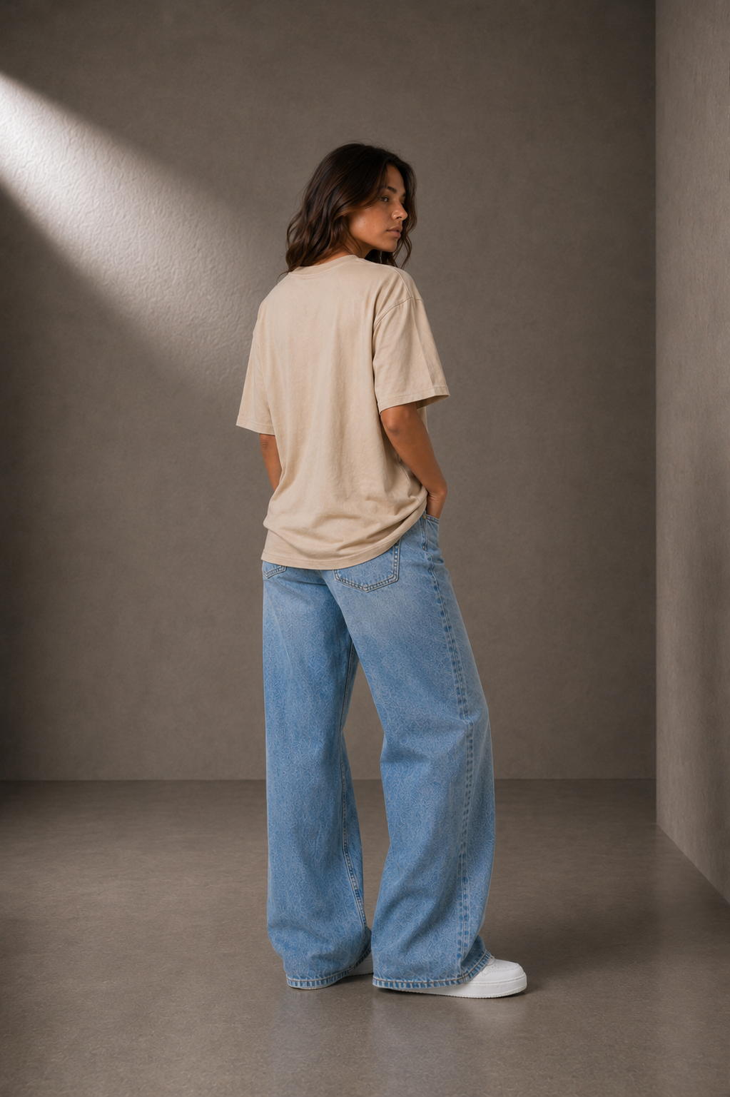 METANOIA High-Neck Tee in Beige, back view on female model