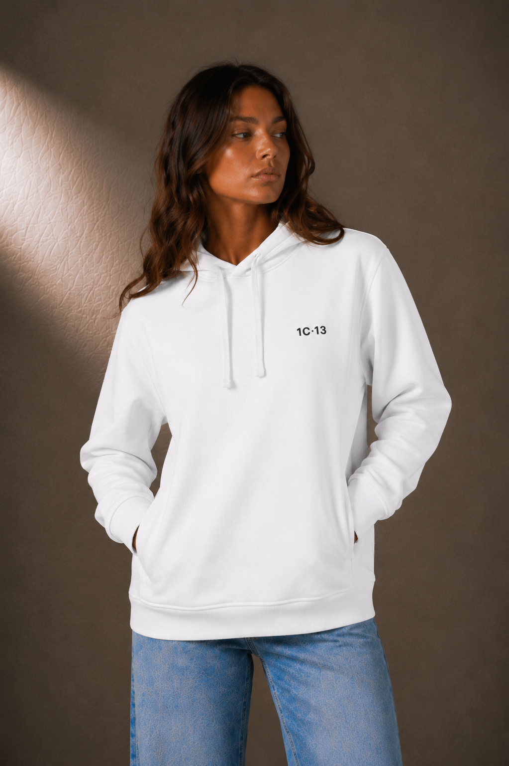 1C·13 Side-Pocket Hoodie in White, front view on female model