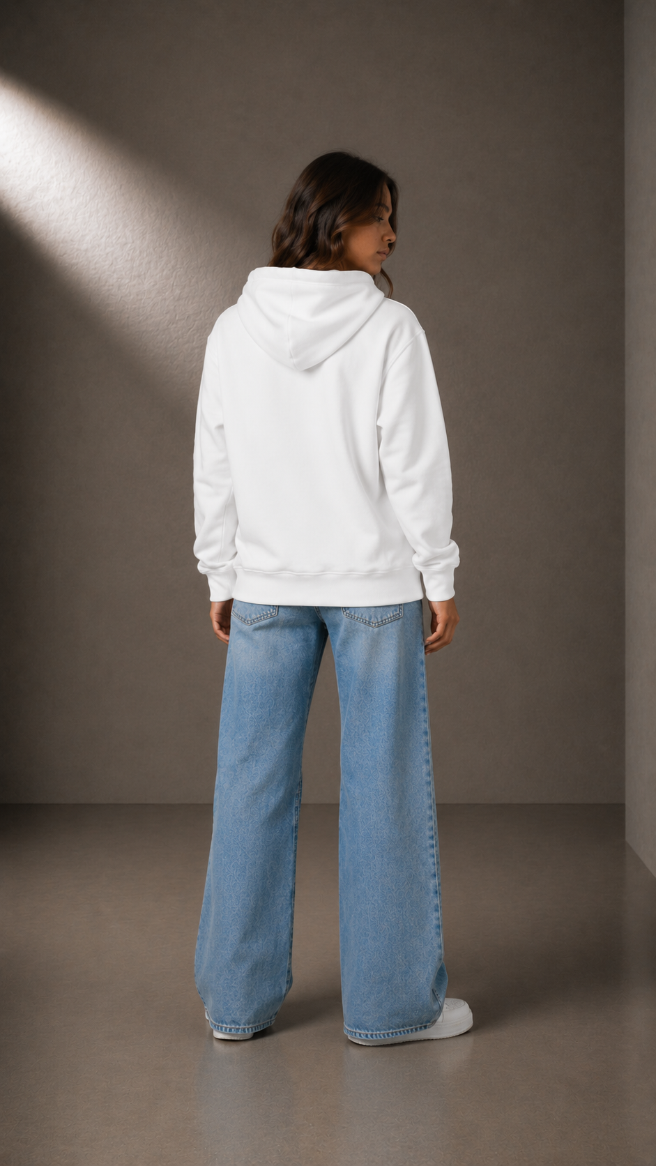 METANOIA Side-Pocket Hoodie in White, back view on female model