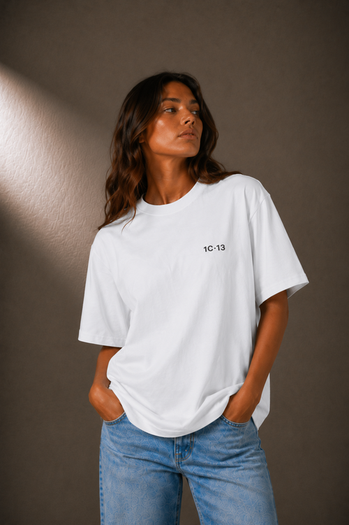 1C·13 High-Neck Tee in White, front view on female model