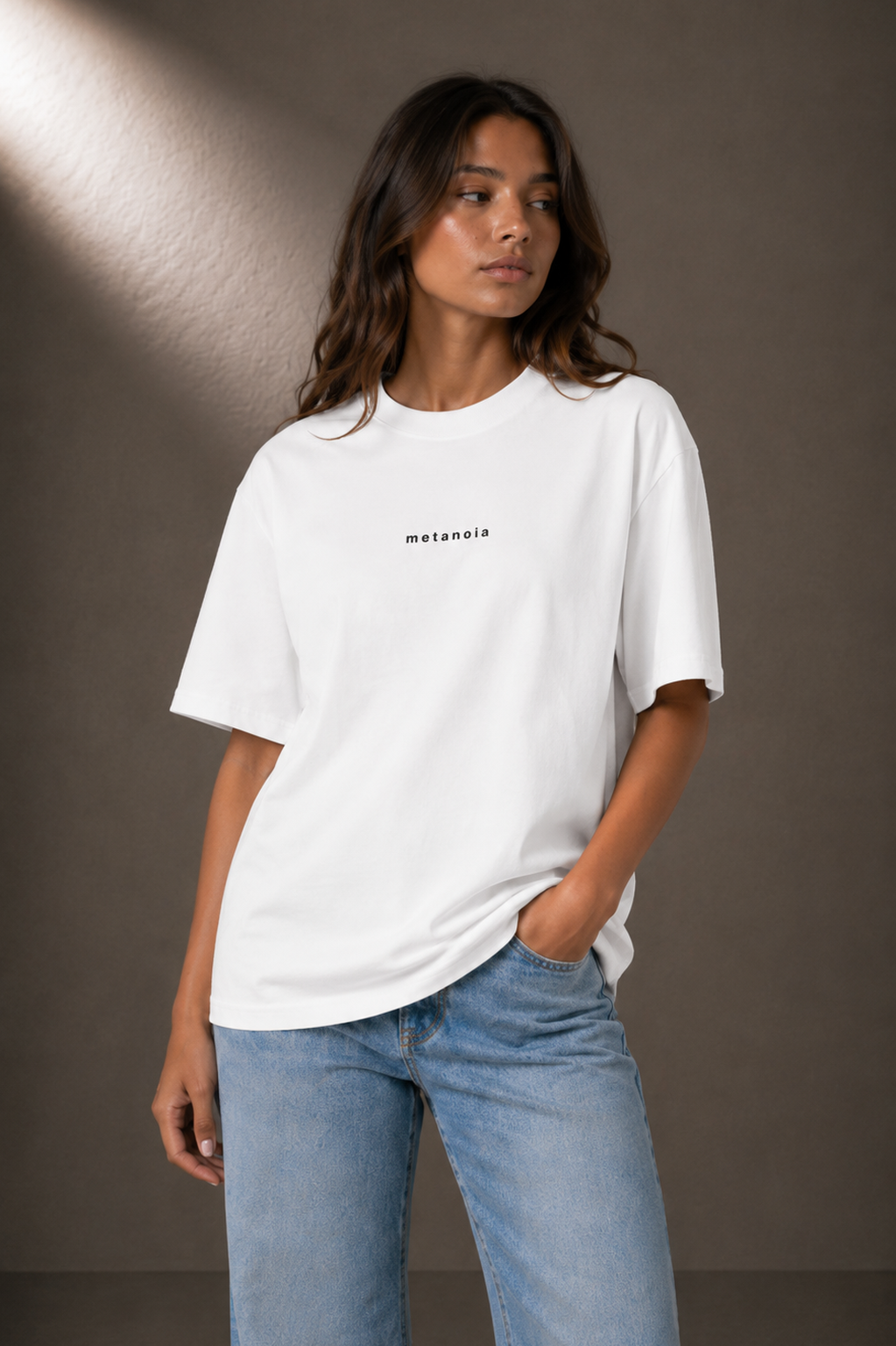 METANOIA High-Neck Tee in White, female model upper body